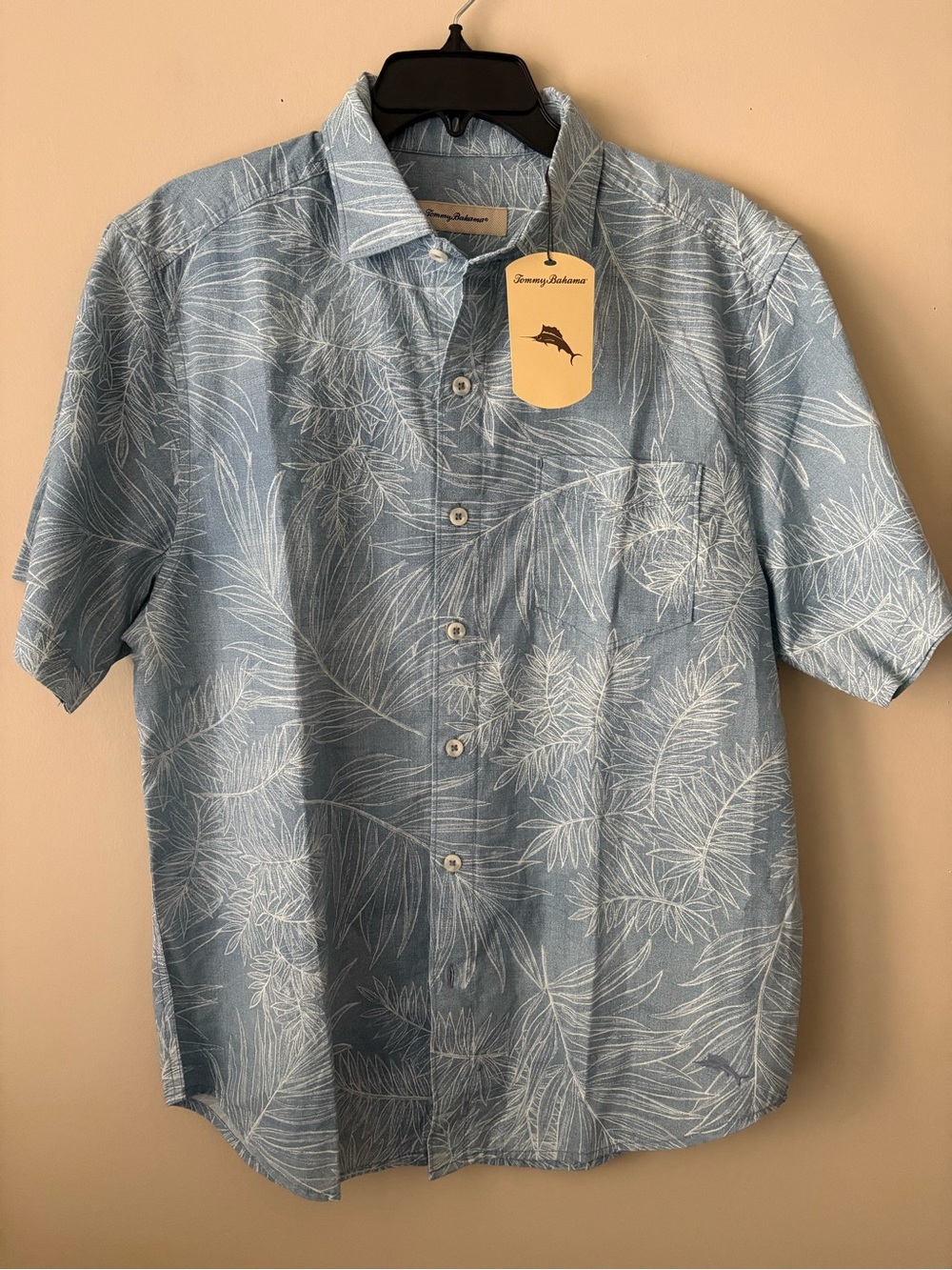 Tommy Bahama Blue Palm-Leaf Short Sleeve Button-Up Shirt Sz.M New